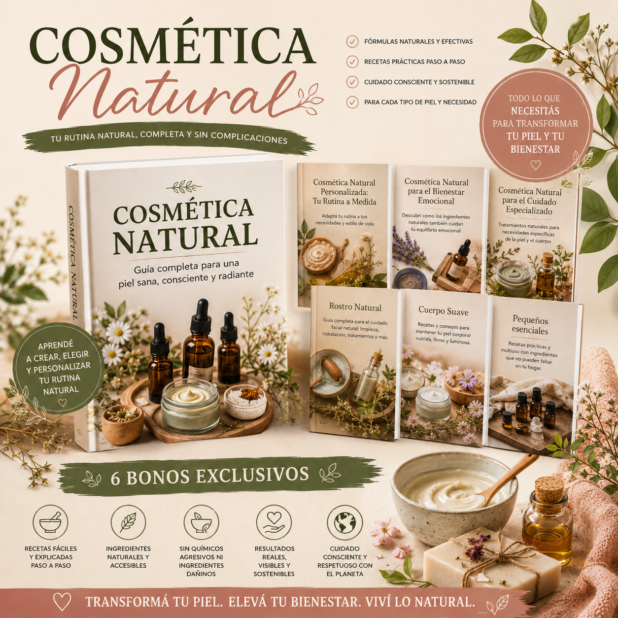Sistema Cosmética Natural para Transformar tu Piel (Incluye 6 bonos de regalo para crear una rutina natural, personalizada y efectiva).